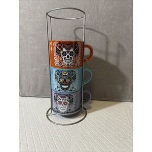 Prima Designs Day Of Dead Sugar Skulls Stacked Coffee Mugs Lot of 3 & Stand
